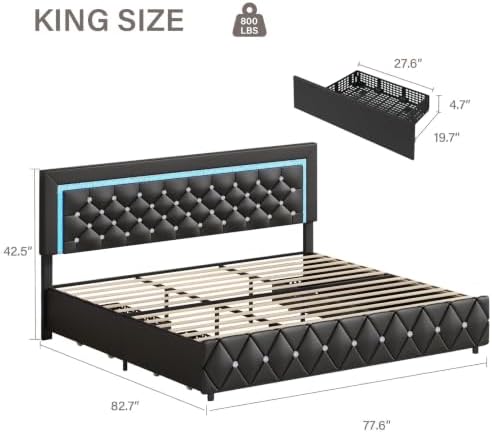BarnFurin King Size Bed Frame with LED Headboard and Storage Drawers,Black