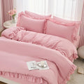 Horbaunal 5 Pcs Pink Ruffle Duvet Cover Queen Size Soft Microfiber Shabby Chic Ruffled Duvet Cover Set, Vintage French Country Ruffle Bedding Set with Zipper Closure & Corner Ties, 90" x 90"