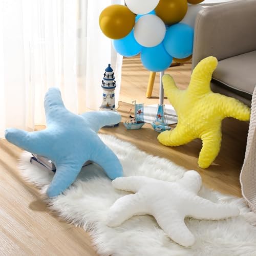 Fumete Starfish Pillow Beach Starfish Shaped Throw Pillows 20'' Stuffed Animal Cute Plush Coastal Decor Ocean Star Pillow Plush Cushion for Bedroom Living Room Sofa Couch(White Yellow Blue,3 Pcs)