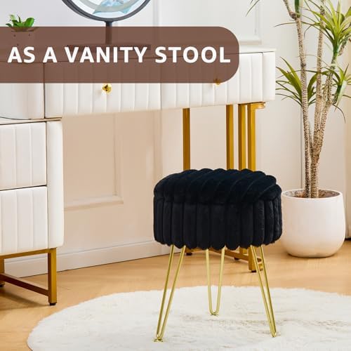 Wimarsbon Vanity Stool with Storage, Faux Fur Ottoman Chair with Metal Legs