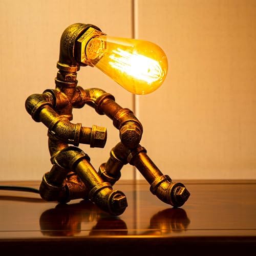 Steampunk Table Lamp, Vintage Industrial Metal Robot Table lamp, Water Pipe Table Lamp, Robot Style Desktop Light for Bedside Desk Bar Cafe Desktop Room Decoration