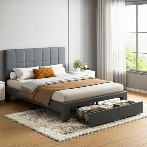 Marsail Queen Bed Frame with 2 Storage Drawers - Upholstered, Adjustable Headboard,6"-12" Mattress Fit, 1300 lbs Capacity, 12-Leg Sturdy Wood Construction, Easy Assembly, Dark Gray