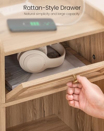 CHOEZON Nightstand with Charging Station, Side Table with Rattan-Style Drawer and Storage Shelf, Modern Rattan Night Stand with 2 USB Ports, Boho End Table Bedside Table for Bedroom, Natural MBZ01UWO