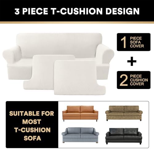 PrinceDeco T Cushion Loveseat Slipcover - 3 Pieces Sofa Cover for 2 Cushion Couch with 2 Individual T Shape Seat Covers Width Up to 76 Inch - Stretch, Machine Washable, Porcelain