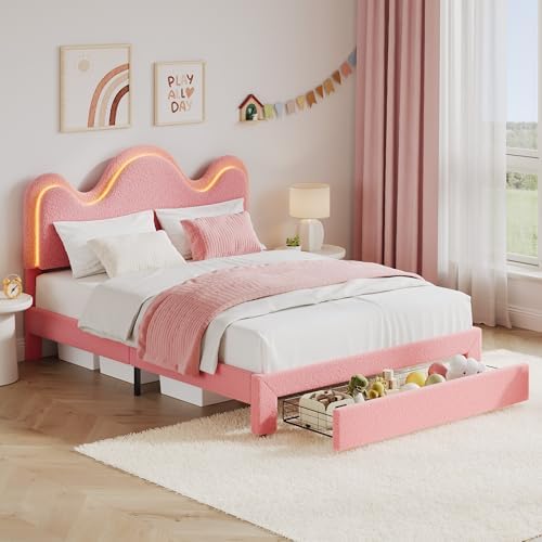 IDEALHOUSE Queen Bed Frame with LED Headboard and Under-Bed Drawer, Metal