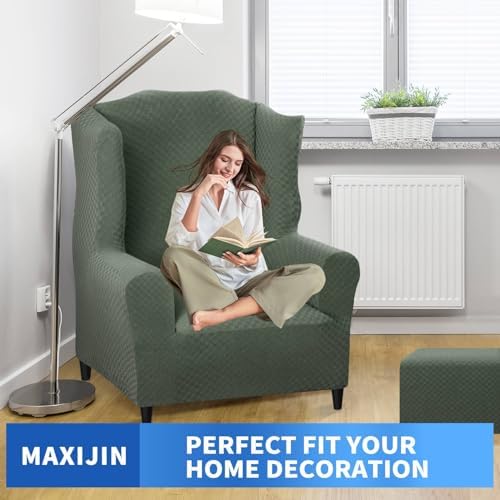 MAXIJIN Wingback Chair Covers 1-Piece Stretch Wing Chair Covers Soft Thick Wingback Armchair Slipcover Non-Slip High Back Chair Furniture Protector Washable (Wing Chair, Army Green)