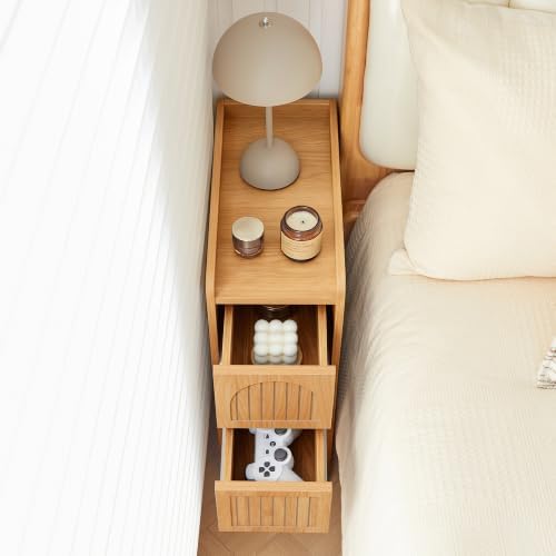Narrow Nightstand Set of 2, Wooden Small 2 Drawer Nightstand, Slim Side End Table, Skinny Bedside Table, Mid Century Modern Night Stand with Drawers for Bedroom (Yellowish Natural)