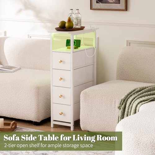 Yoobure Narrow Nightstand with Charging Station, LED Tall Narrow Side Table