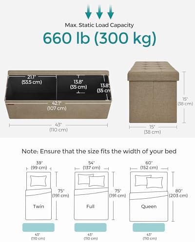 SONGMICS 43.3 Inches Folding Storage Ottoman Bench, Load 660 lb