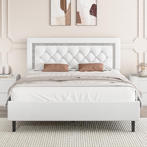 BarnFurin Queen Bed Frame with Diamond Tufted Headboard,White
