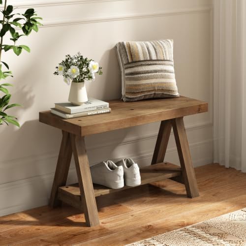 RowyPoey Solid Wood Bench, 30" Farmhouse Entryway Bench with Shoe Storage