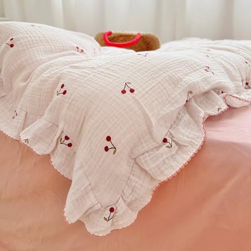 Muslin Cotton Duvet Cover with Ruffles, Cherry Print, No Pillow