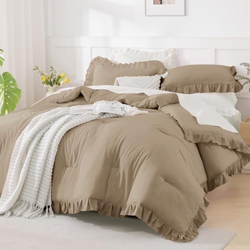 Andency Taupe Ruffle Comforter Twin Size, 2 Pieces Soft Bed Set