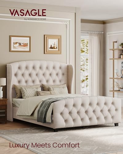 VASAGLE Queen Platform Bed Frame, Upholstered, Wooden Slats