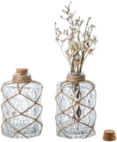 MyGift Glass Bud Vases with Cork Lids & Hemp Rope, Set of 2