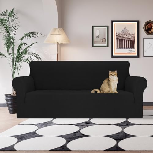 JIVINER Stretch Sofa Covers 1 Piece Couch Covers for 3 Cushion Couch Sofa, 3 Seater Sofa Slipcovers Furniture Protector with Elastic Bottom for Kids, Pets (Black, Sofa)
