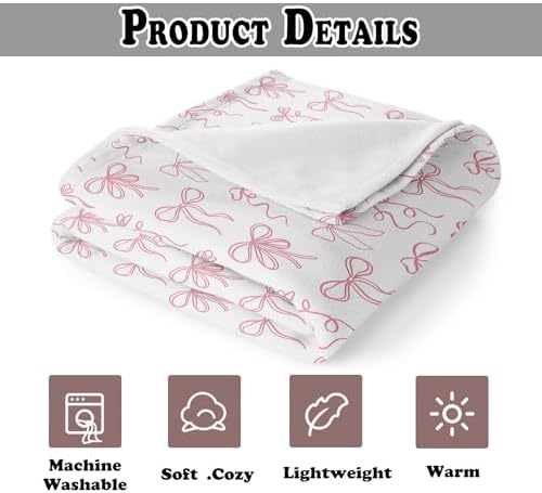Pink Bow Throw Blanket for Couch, Girly Room Decor Aesthetic, Coquette Pink Ribbon Bow Throw Blanket for Girls Bedroom Dorm Living Room Home Decoration, 50x60 Inches