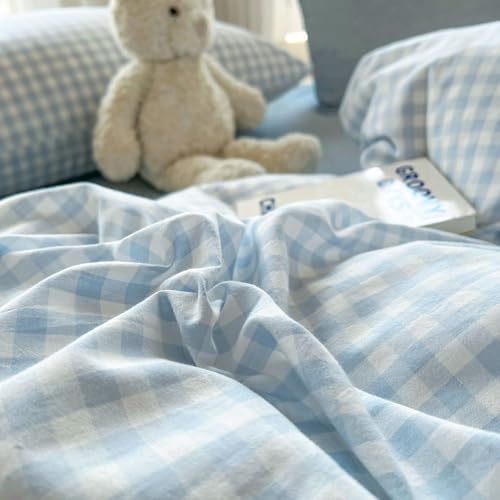 Gingham Duvet Cover Set,Cotton,Queen (90"x90"),Blue White Plaid