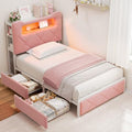 Twin Upholstered LED Bed Frame with 2 Storage Drawers and 2-Tier Storage Bookcase Headboard, Velvet Princess Platform Bed for Kids/Girls/Boys, Heavy Duty Metal Support, No Box Spring Needed, Pink