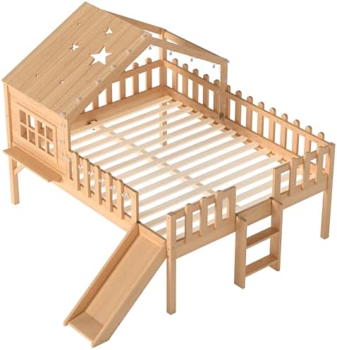 Full Loft Bed with Slide and Ladders, Solid Wood Low Loft Bed with Tray, Lights, Playhouse Roof, House Loftbed Frame for Kids, Boys, Girls, Childlike and No Box Spring Needed Design, Natural