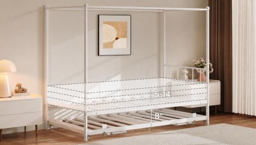 LIKIMIO Twin Daybed with Trundle, Canopy Bed with Pop Up Trundle, White