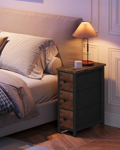 CHOEZON Narrow Side Table with 3 Fabric Drawers, Industrial Slim Bedside Table for Small Spaces, Bedroom, Living Room, Dormitory, Rustic Brown and Black TBZ09BF