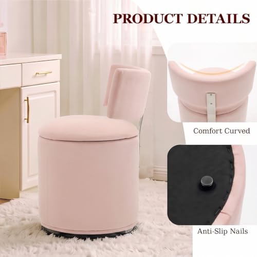 Swivel Vanity Chair with Storage, Velvet Makeup Stool with Higher Back for Living Room, Bedroom, Dressing, Pink