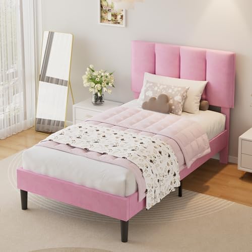 VECELO Twin Size Bed Frame with Upholstered Headboard, Velvet & Pink