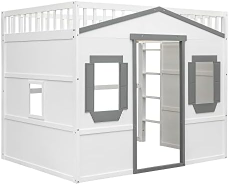 Merax Full Size Loft Bed with Wardrobe, Space-Saving House Bed Frame with Safety Guard & Ladder for Small Bedroom, White+Gray