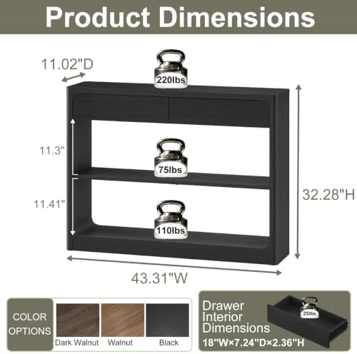 FATORRI Console Table with 2 Drawers, 43.3 Inch Farmhouse Narrow Entryway Table with Storage Shelves, Rustic Sofa Tables Behind the Couch for Hallway, Living Room, Foyer (Black)