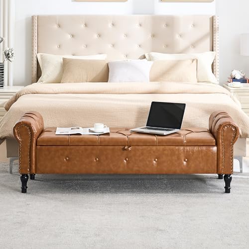 Storage Bench 67" Faux Leather End of Bed Benches Brown