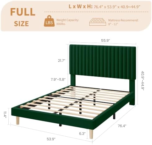 GAOMON Full Bed Frame with Adjustable Headboard, Velvet Upholstered Platform Full Size Bed Frame, Vertical Channel Tufted, Strong Wooden Slats, No Box Spring Needed, Easy Assembly, Green