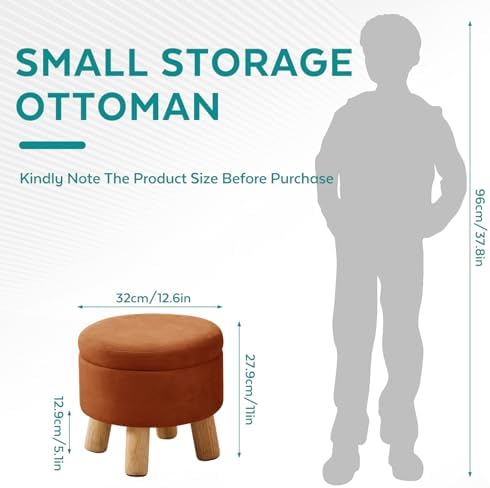 Small Foot Stool Ottoman with Storage, Velvet Ottoman Foot Rest for Couch, Round Footstool with Storage, Small Ottomans and Footstools for Living Room and Entryway (Orange)