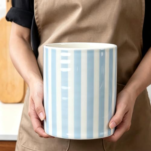 Kitchen Utensil Holder,7.2-inch Extra Large Ceramic Stripes Pattern Utensil Crock,Cooking Utensil Organizer for Kitchen Counter Decor,Storage Caddy Farmhouse Gift Light Blue