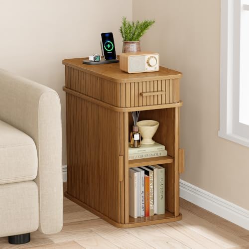 ONBRILL Fluted End Table, Narrow Side Table, 23.62" H, Caramel Color