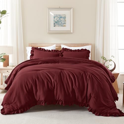 Andency Burgundy Ruffle Comforter Twin Size, 2 Pieces Soft Bed Set