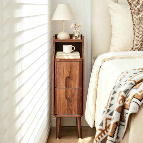 FurSch Narrow Nightstand, Wooden 2 Drawer, Walnut, 1 pc