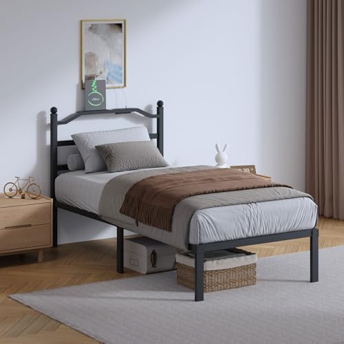 Metal Bed Frame with Headboard - 14 Inch Twin XL Size Heavy Duty Bedframe with Charging Station Black Basic Steel Slats Platform No Box Spring Needed/Noise Free