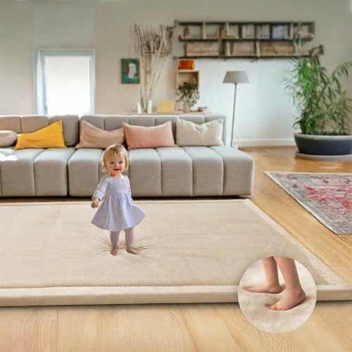 Mallify Ultra Soft 1.3" Thick Baby Play Mat for Floor, Extra Large Velvet 71"x79" Playpen Mat, Baby-Safe & Non-Slip Tummy Time Mat, Crawling Mat for Babies, Toddlers, Infants, Kids, Beige