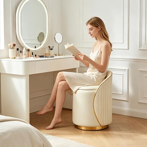 Vanity Chair with Storage, Leather Vanity Stool, 360° Swivel Makeup Chair with Back, No Assembly Upholstered Accent Chairs Stool for Bedroom, Dressing Room, Living Room, Cream