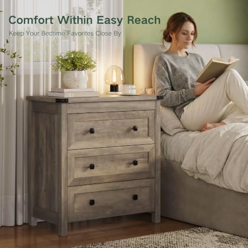 Farmhouse Nightstand with 3 Drawers, Wood Bedside Table, Grey