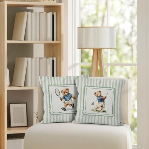 Sports Bear Nursery Throw Pillow Cover 18x18, Golf Tennis Player Bear Decorative Pillow Covers for Kids Toddler Boy Nursery Room Bedroom Playroom, Sports Accent Pillows Cover Pillowcases, Set of 2