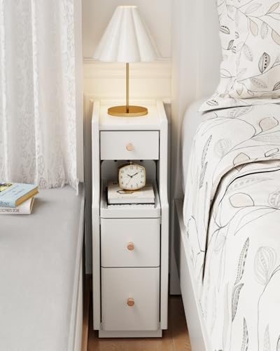 Solid Wood Narrow Nightstand with 3 Drawers,Modern White,Fully Assembled
