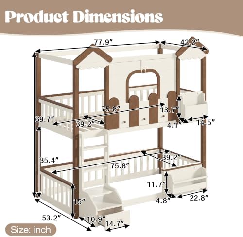 Twin Over Twin House Bunk Bed Frame with Bookshelf and Drawer, Beige