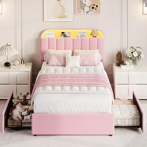 GarveeHome Twin Bed Frame, Platform Bed with Storage Headboard & Drawers