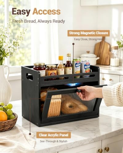 Bread Box for Kitchen Countertop, Bamboo Storage with Top Shelf, Black