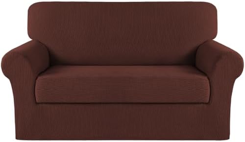 Turquoize Stretch Sofa Slipcover 2 Pieces Sofa Cover Couch Cover for 2 Cushion Couch Washable Furniture Protector Covers with Elastic Bottom Feature Thick Jacquard Fabric (Loveseat, Burnt Brick)