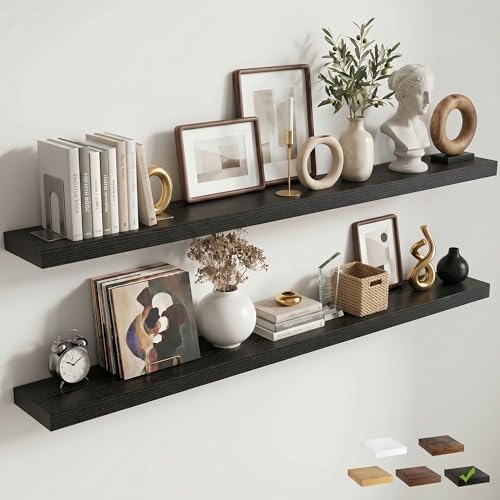 72 Inch Floating Shelves for Wall, 8"D Wood Storage Shelves, Black Finish