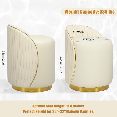 Vanity Chair with Back, Leather Vanity Stool - 360° Swivel Makeup Chair, No Assembly Upholstered Comfy Makeup Stool Ottoman for Bedroom, Dressing Room, Living Room, Beige