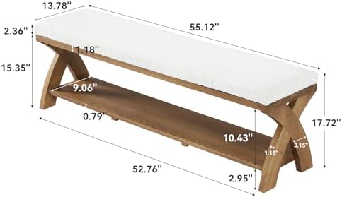 Solid Wood Shoe Bench with Cushion Padded Seat, 55-Inch Farmhouse Entryway Bench Shoe Rack Organizer with X-Shaped Legs for Hallway, Living Room, Closet
